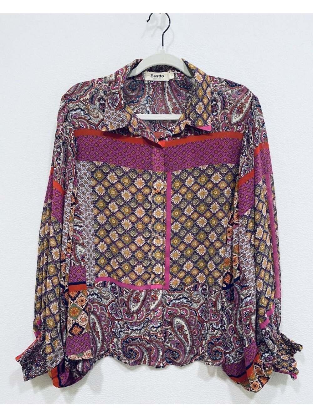Bestto Top Womens Large Boho Floral Paisley Patchwork Puff Sleeve Sheer Peasant